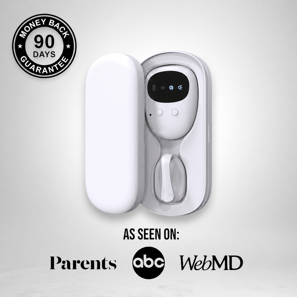 White electronic device in packaging with 'Parents', 'abc', and 'WebMD' logos on a light gray background.