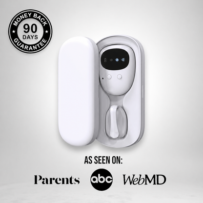 White electronic device in packaging with 'Parents', 'abc', and 'WebMD' logos on a light gray background.